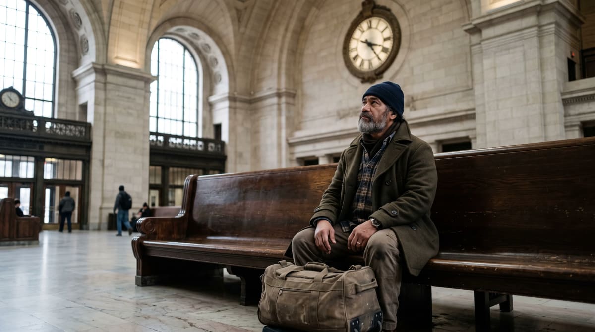 Traveler seated in a quiet train station hall glancing at a large clock, a nod to two approaching deadlines