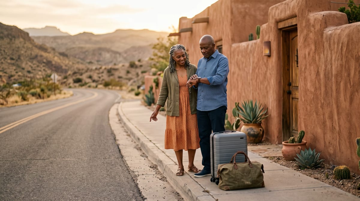 Older couple with luggage waiting at a desert hotel curb for a hired car