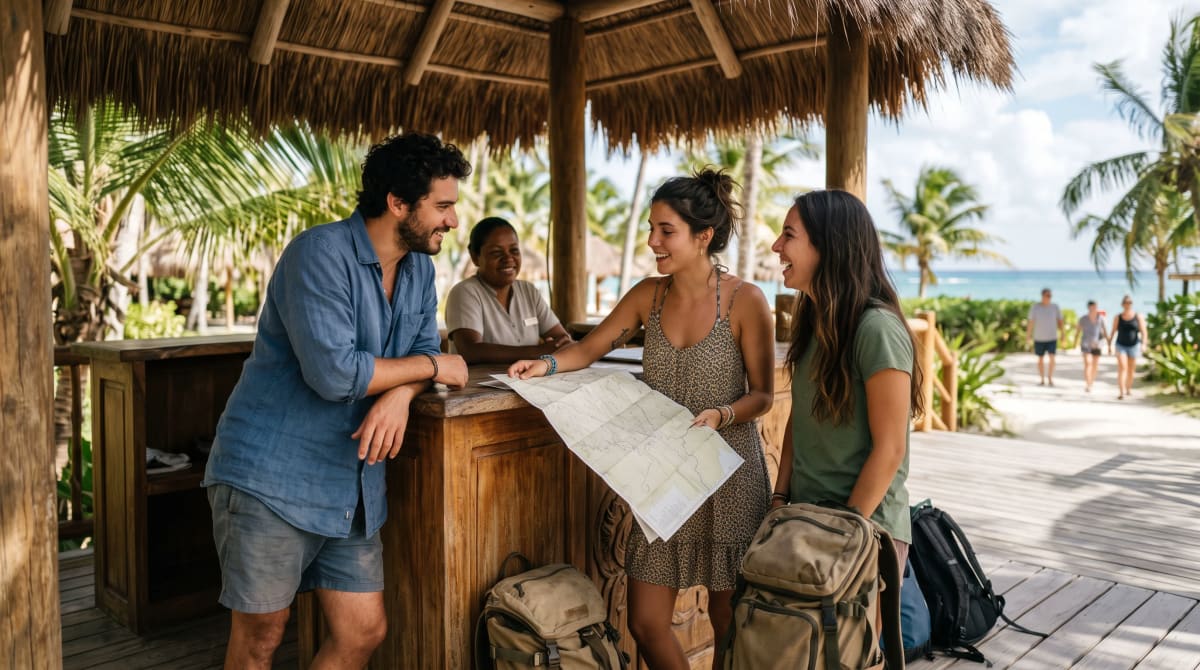 Three friends planning at an open-air island resort concierge pavilion