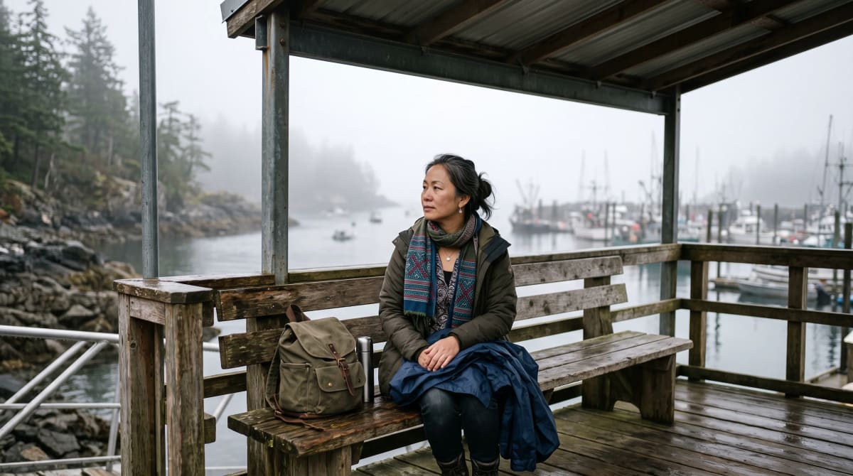 Traveler waiting on a ferry terminal bench beside a foggy harbor