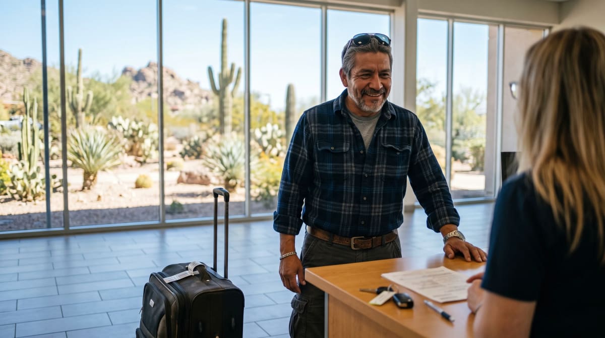 Traveler at a rental car counter in a sunny regional airport weighing options