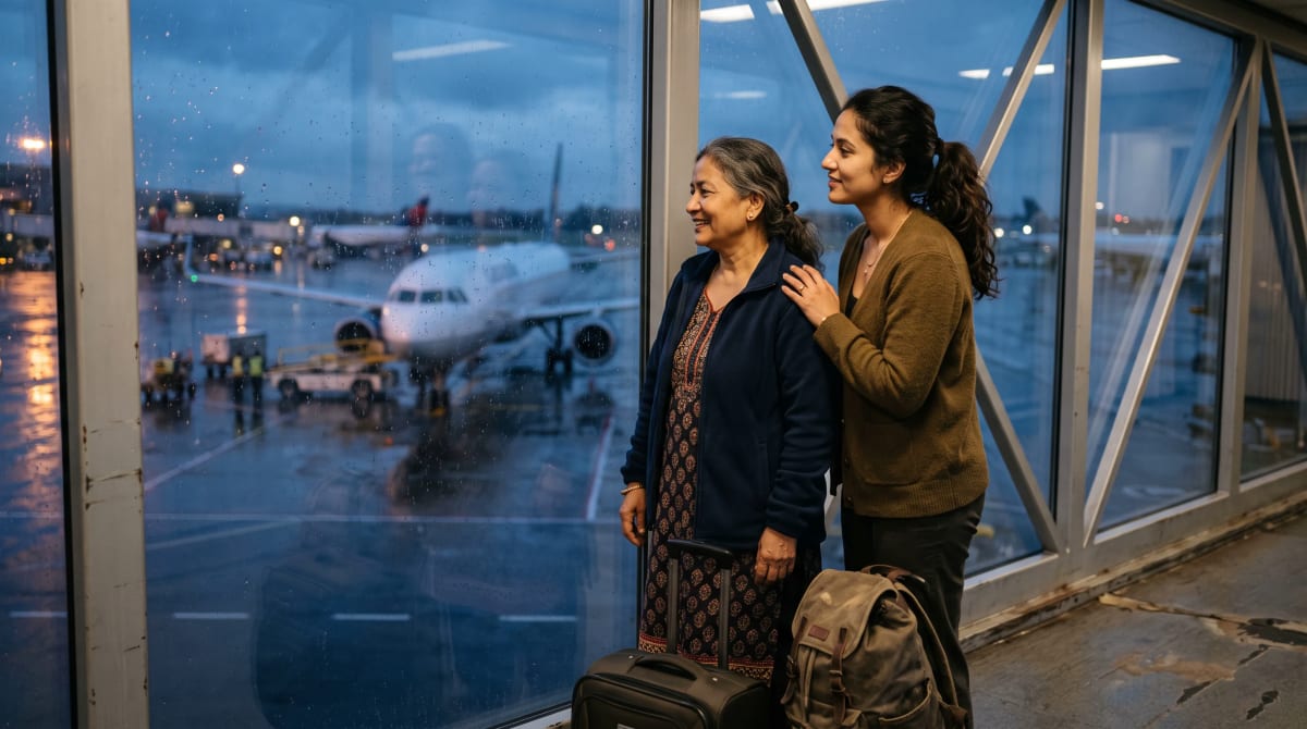 Mother and adult daughter looking out an airport jet bridge window at dusk