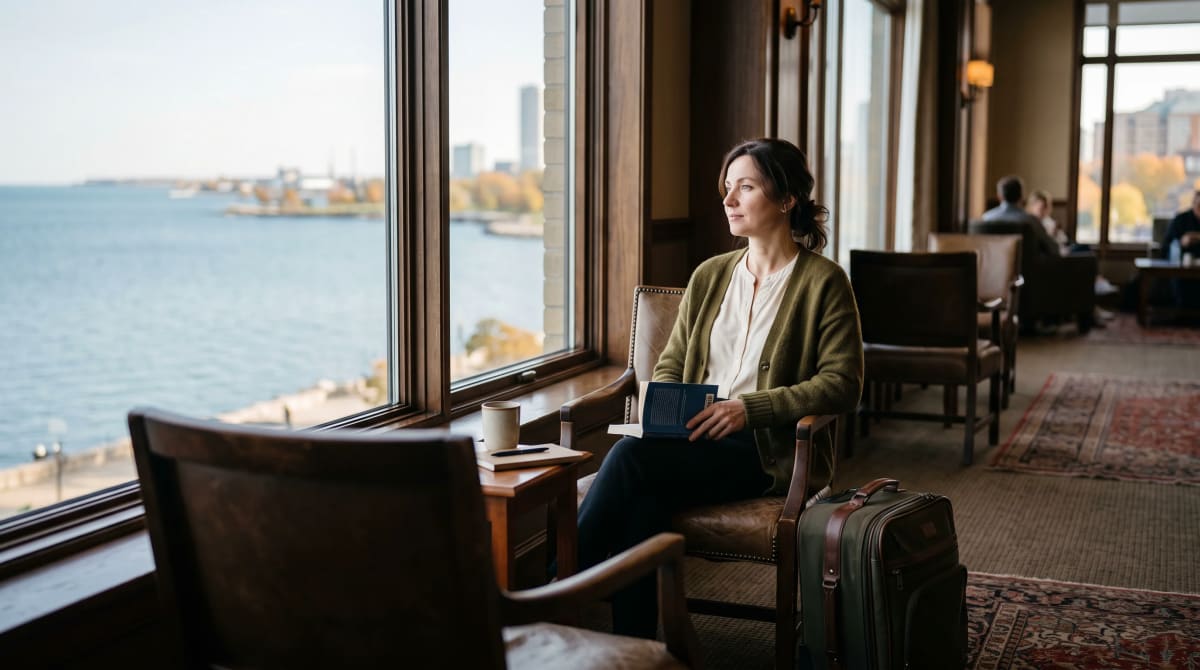 Woman seated with a carry-on in a quiet lakeside hotel lobby in afternoon light