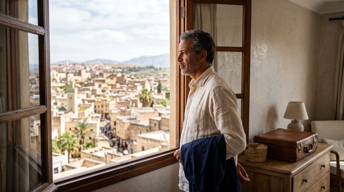 Man at a hotel-room window overlooking a desert city in late morning