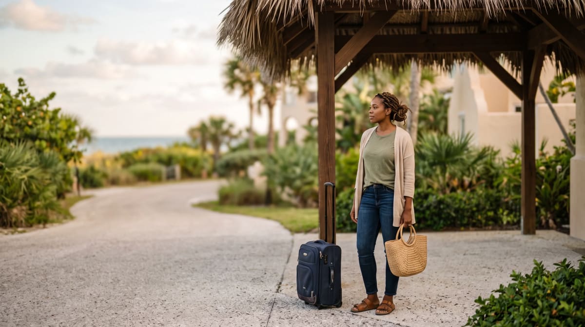 Woman waiting with a roller bag under a palm-shaded resort arrival canopy