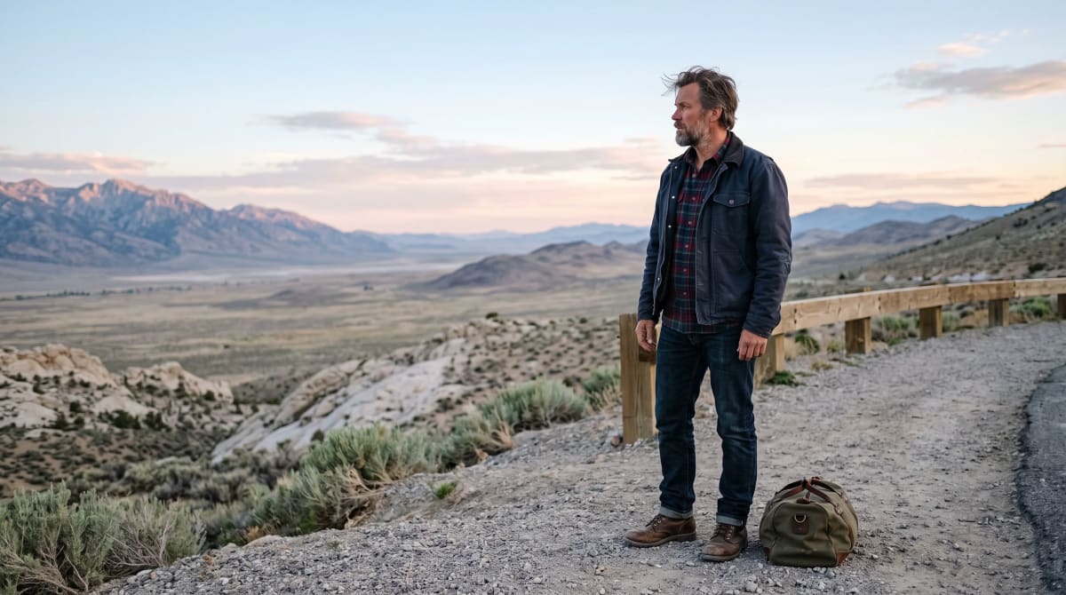 Man at a quiet desert roadside overlook in early morning light
