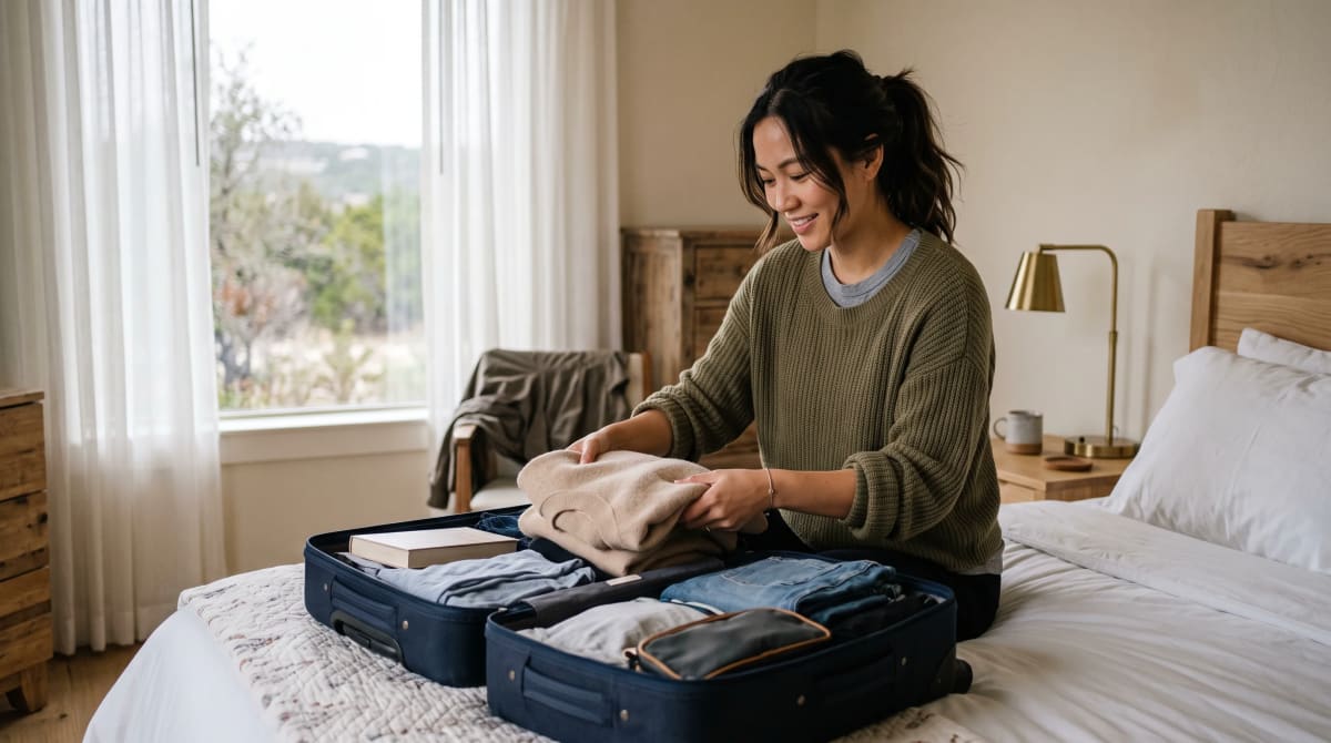 Woman packing a suitcase on a hotel bed in soft midday window light