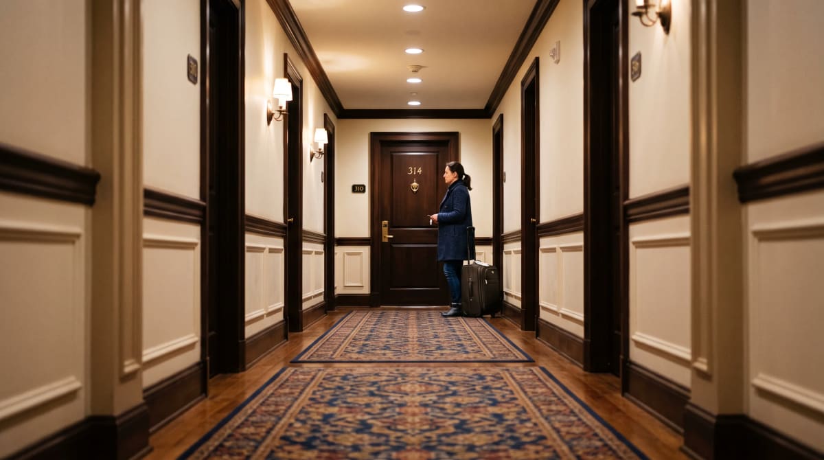 Traveler pausing at a guest-room door down a quiet historic hotel corridor in evening light