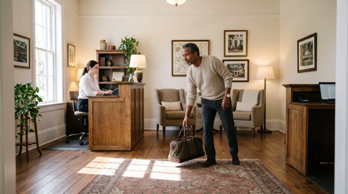 Guest setting a duffel down across from a small inn concierge desk in morning light