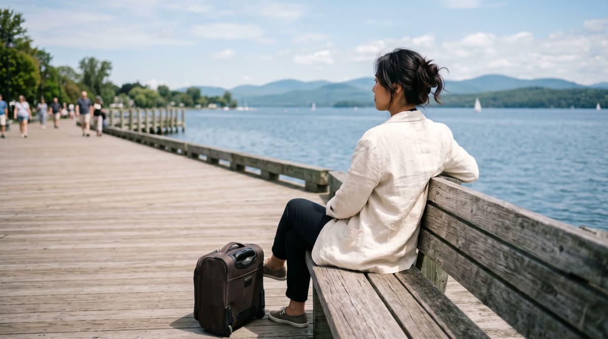 Traveler seated on a lake promenade bench with a roller bag in midday sun