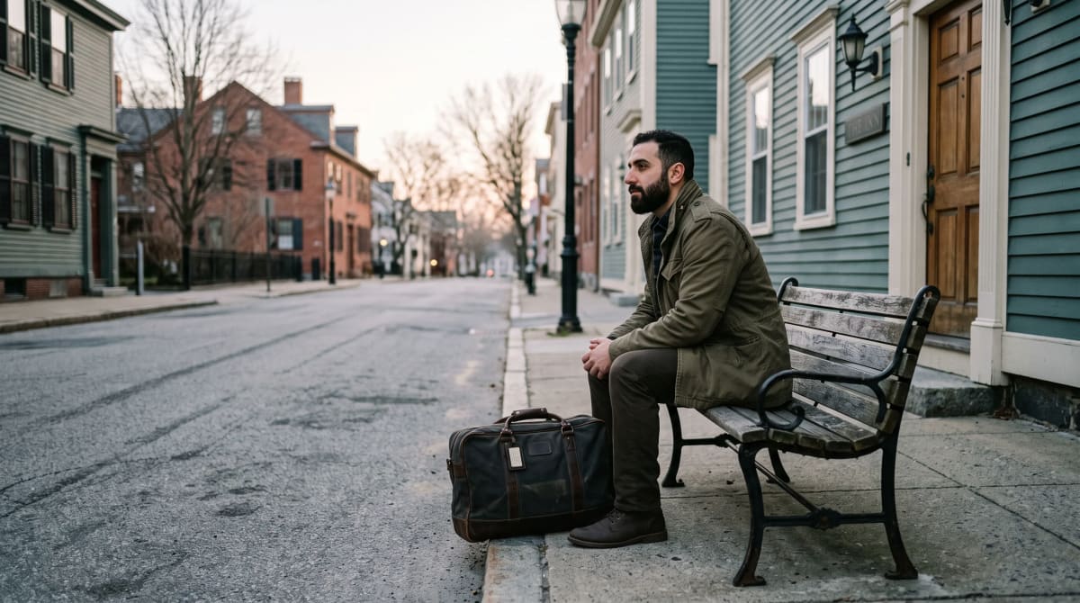 Traveler seated on a bench at a historic inn curb at dawn waiting for a car