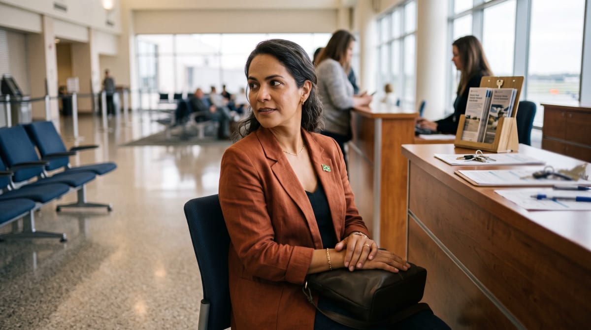 Traveler seated near a rental-car counter in late-afternoon interior light