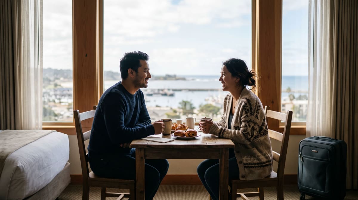 Couple sharing coffee at a hotel-room table by a tall window