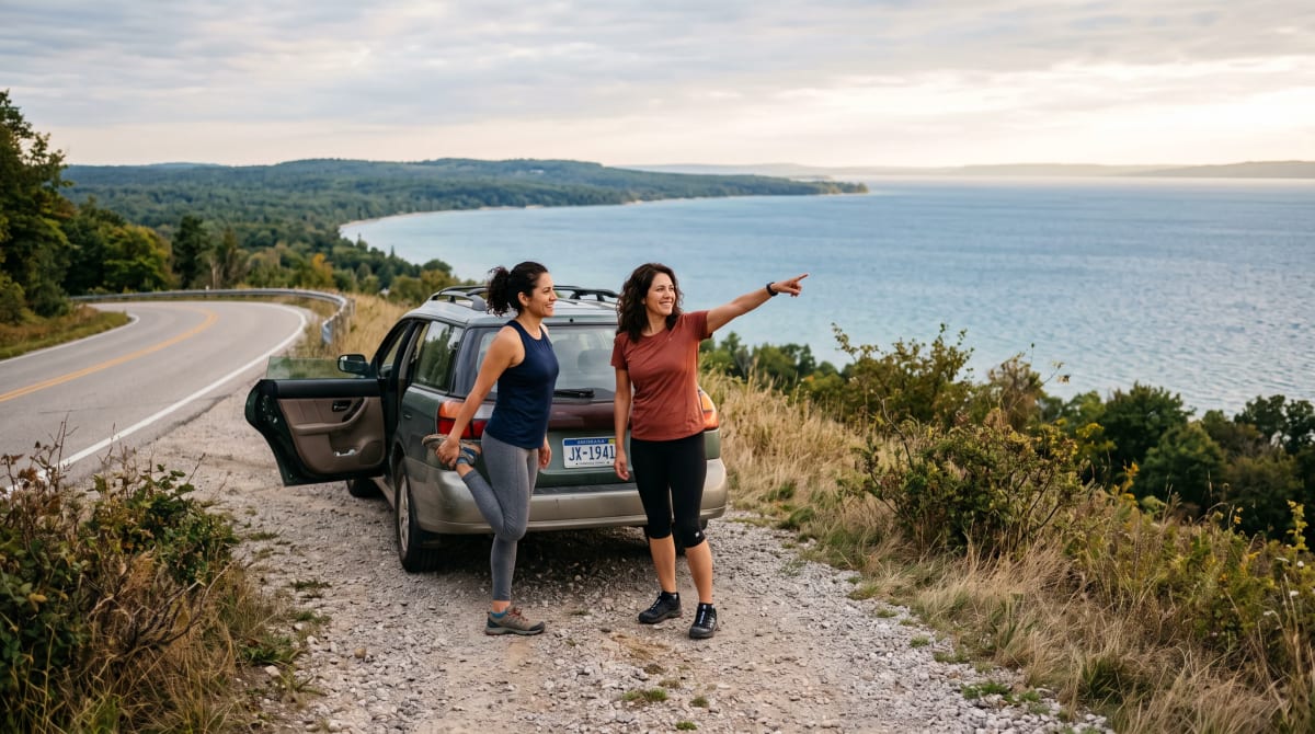Two sisters stretching at a lakeside roadside overlook