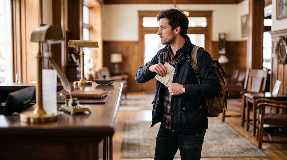 Traveler turning from a hotel concierge desk with a folded map
