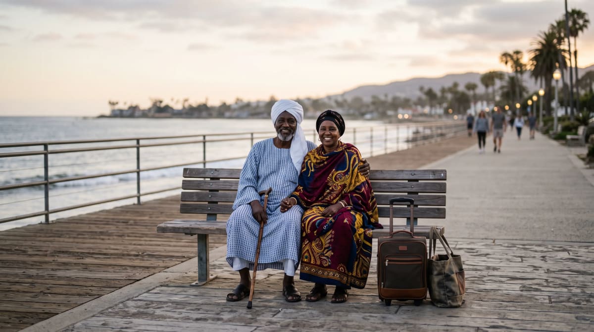 Older couple seated on a waterfront promenade bench with a roller bag