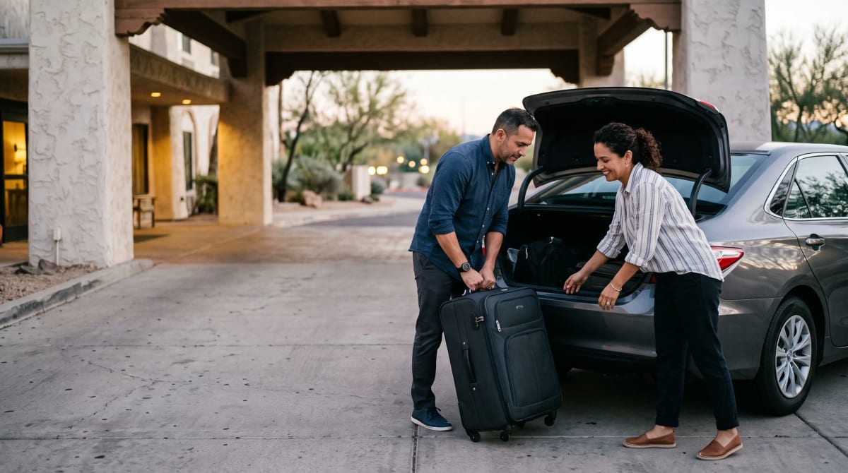 Couple loading a suitcase into a car under a hotel canopy at dawn