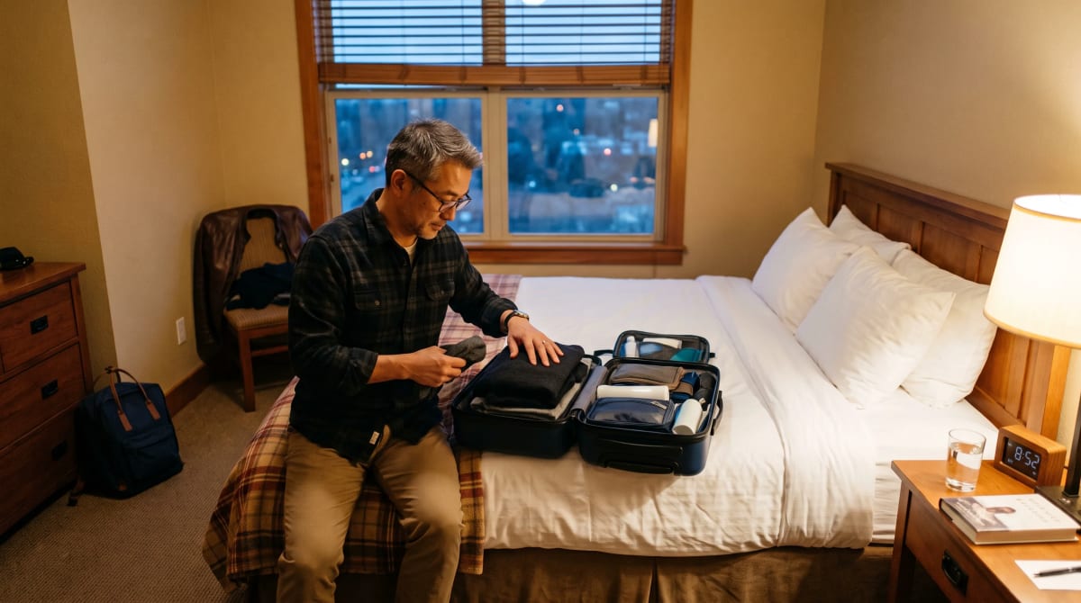 Traveler packing a carry-on on a hotel bed in evening lamp light