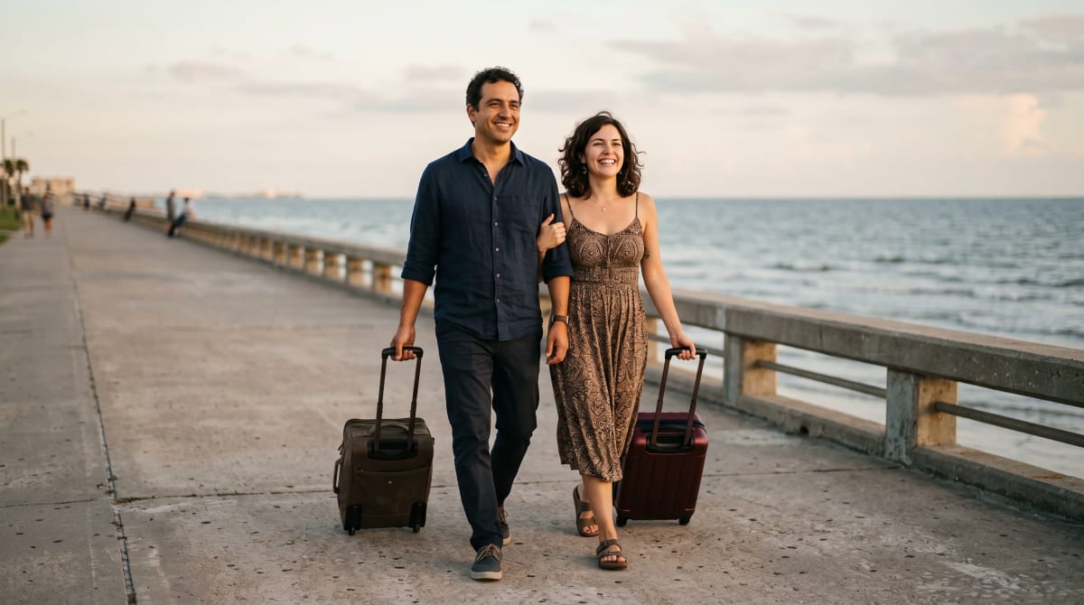 Couple walking a waterfront promenade with roller bags in late-afternoon light