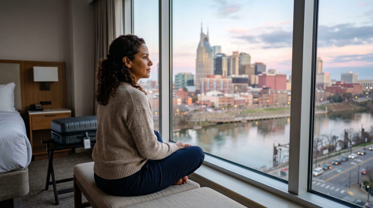 Traveler seated at a hotel-room window bench overlooking a river city at first light