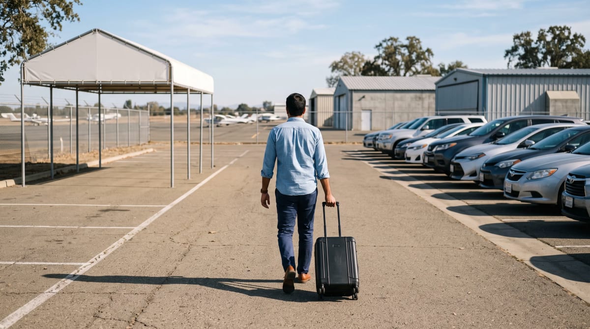 Traveler walking from a rental-car return canopy toward an unmarked lot in late-morning sun