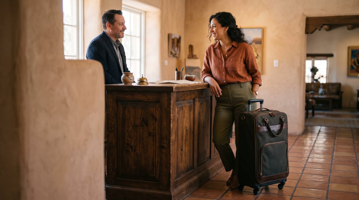 Traveler speaking with a hotel concierge over a paper city map in mid-afternoon light