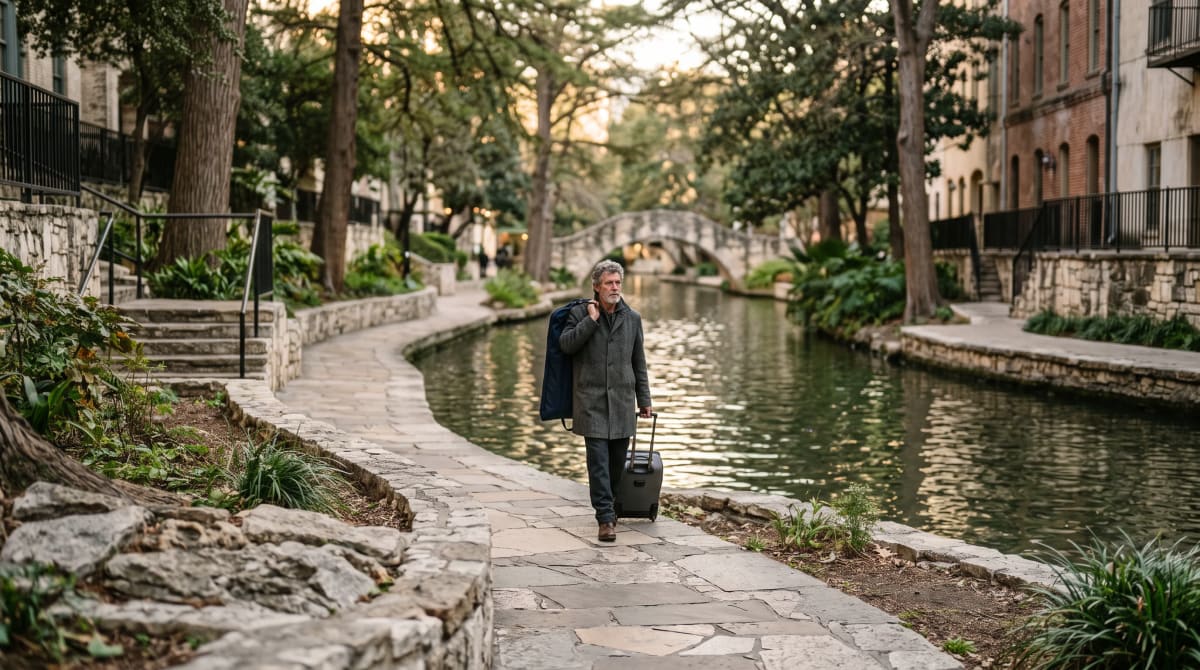 Traveler walking a quiet inland river promenade with a garment bag in late afternoon