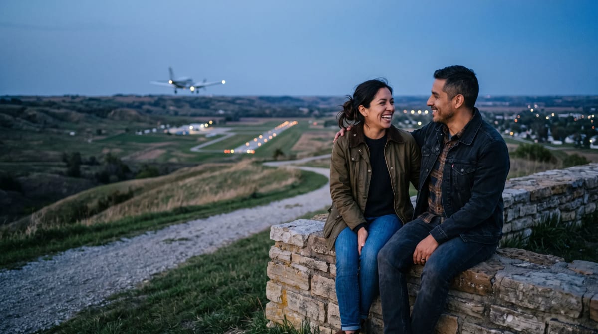 Couple seated at a hillside pullout watching a distant unmarked plane at blue hour
