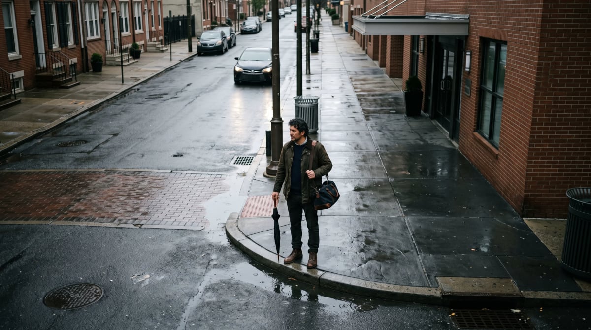Solo traveler waiting at a small hotel curb on a rain-darkened sidewalk