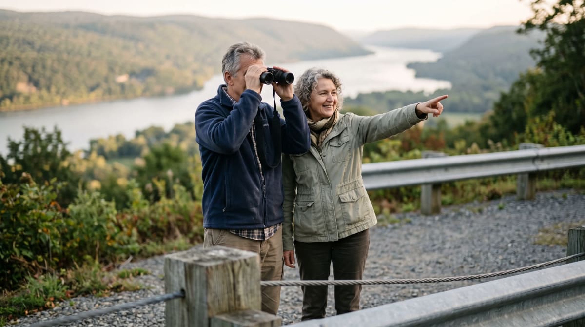 Older couple sharing binoculars at a quiet river-valley overlook