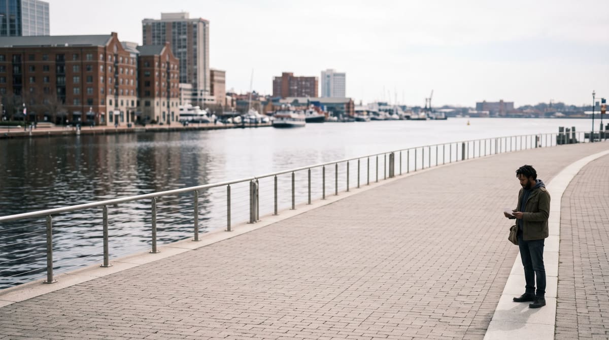 Traveler pausing on an empty waterfront promenade with a small bag