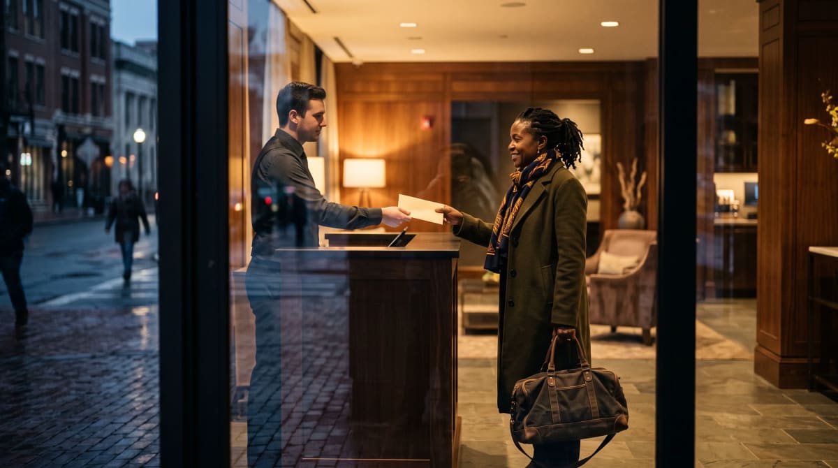 Guest receiving an envelope at a hotel concierge desk seen through front-door glass