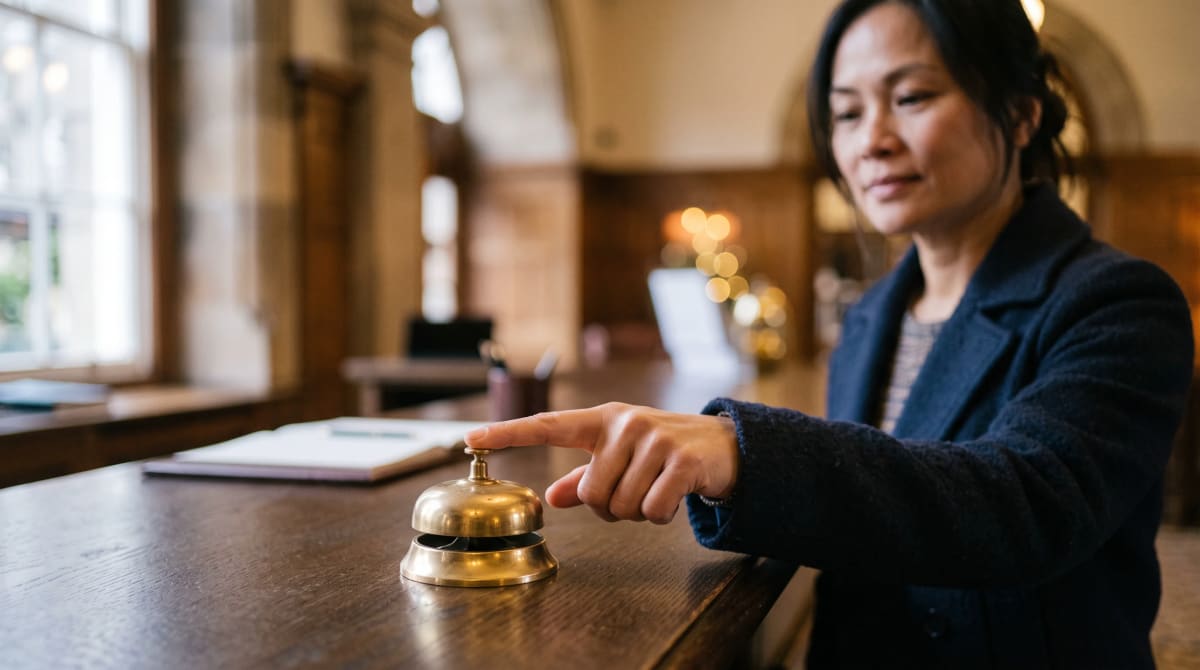 Traveler tapping a small desk bell at a hotel concierge counter