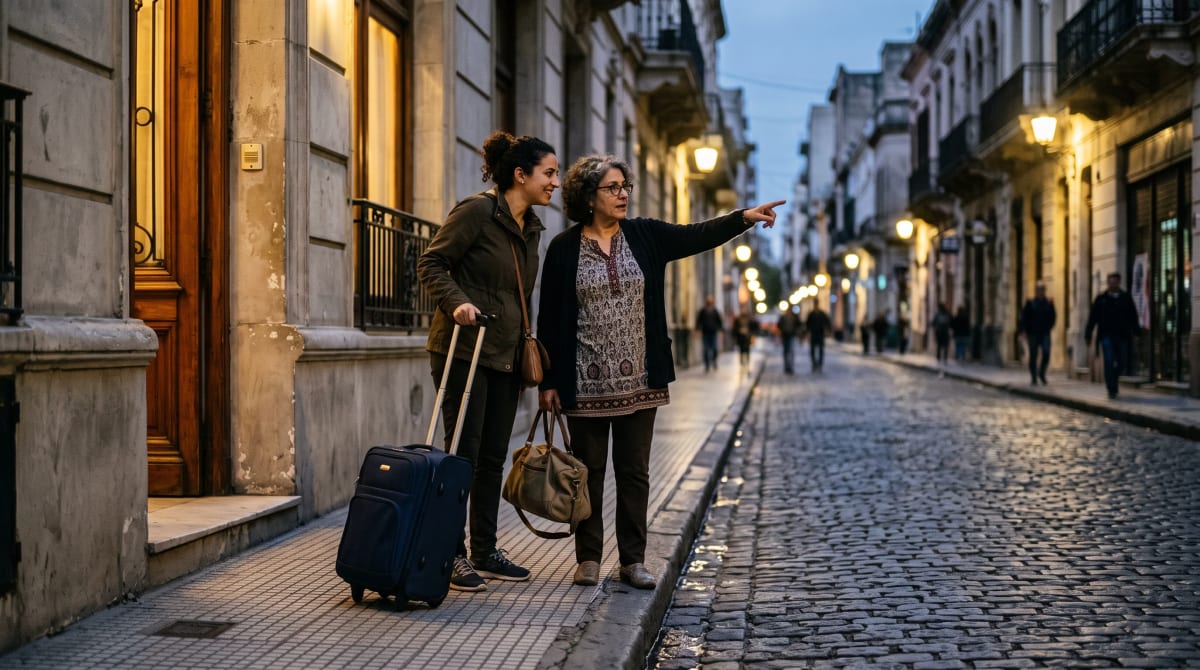 Two travelers waiting at a hotel curb with a suitcase at dusk