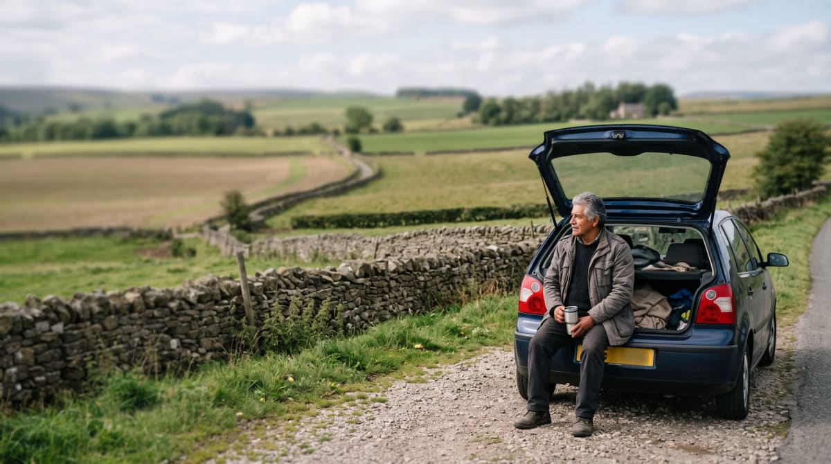 Traveler sitting on a hatchback tailgate at a quiet roadside overlook