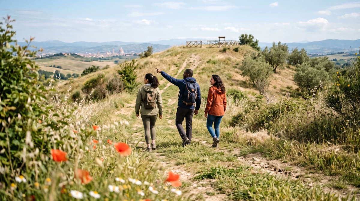 Three friends walking a grassy path toward a hilltop lookout near Florence