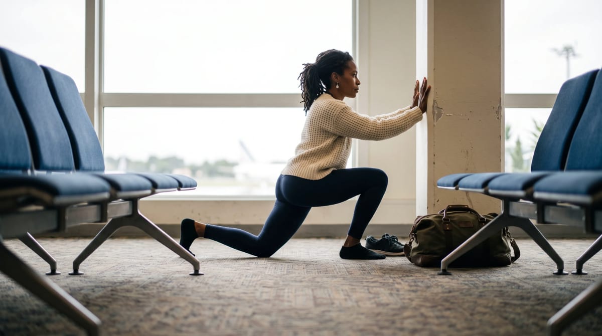 Traveler stretching at a quiet Nice airport gate seating row