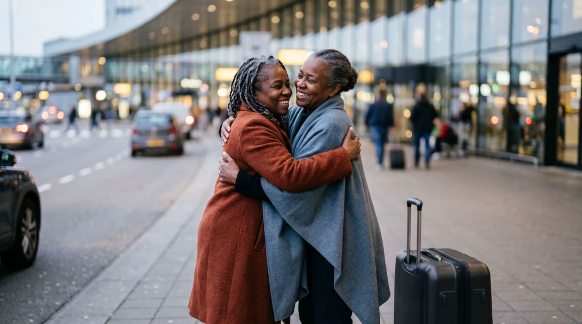 Sisters greeting at a Rotterdam airport pickup curb at dusk