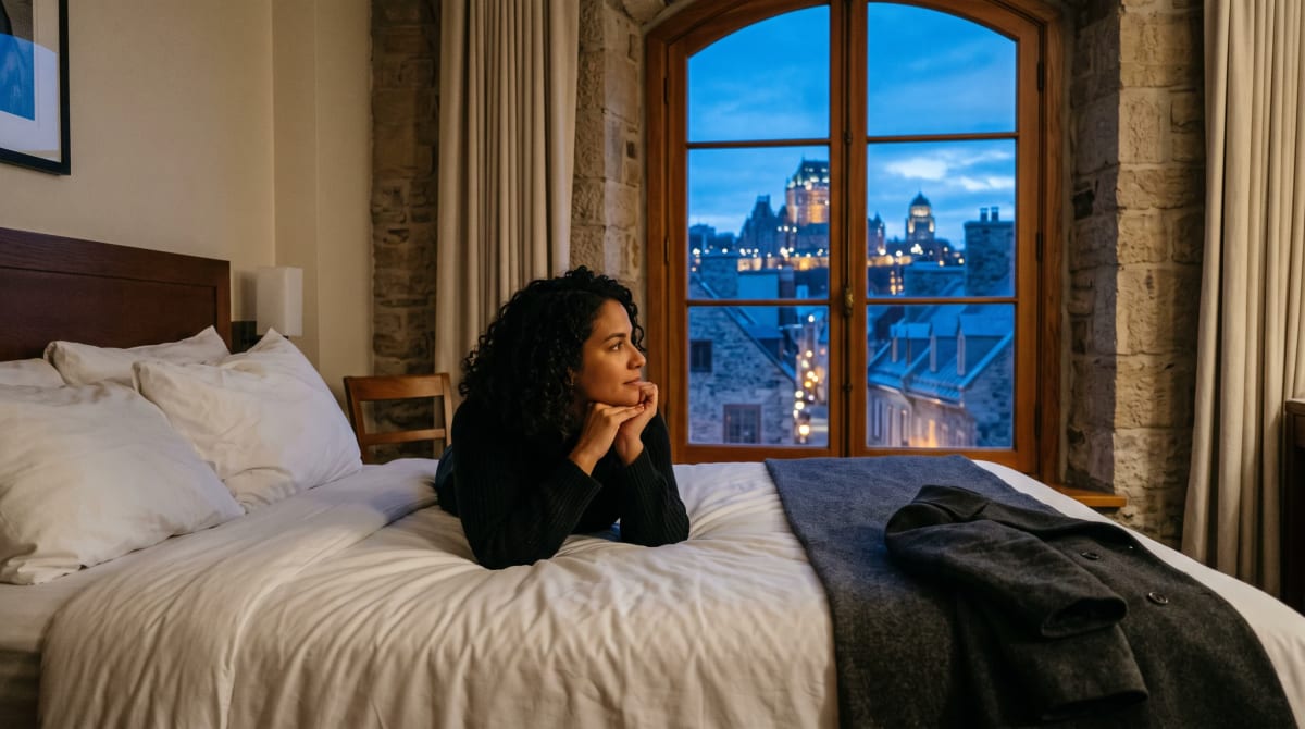 Traveler resting on a hotel bed and looking out a tall window at blue hour