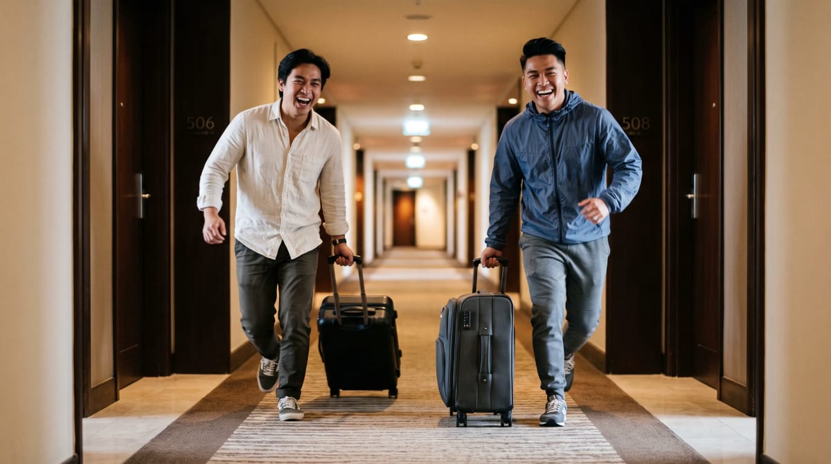 Two friends racing wheeled suitcases down an empty hotel corridor