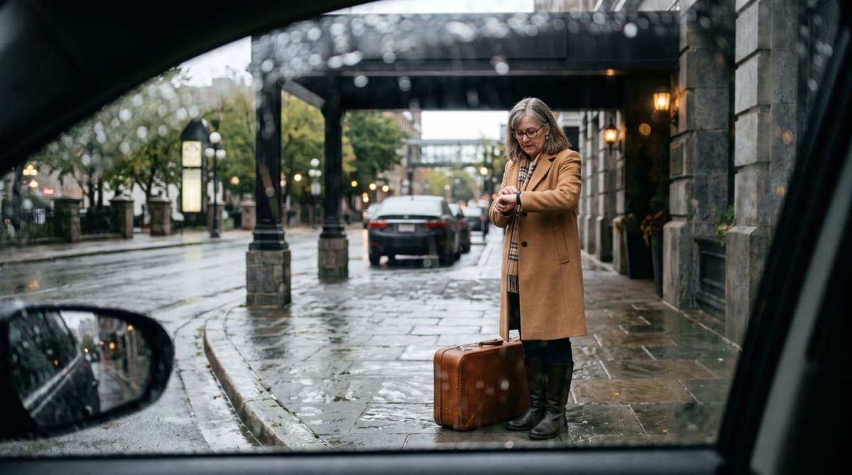 Traveler checking a watch beside a suitcase under a hotel entrance canopy after rain