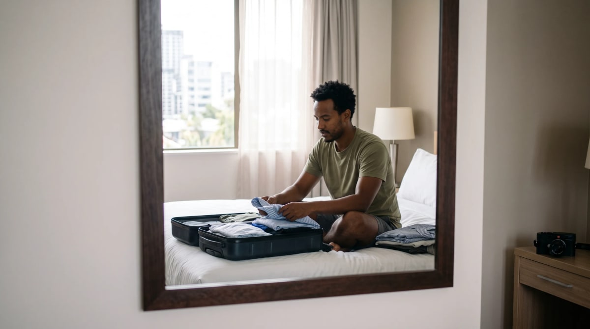 Traveler packing shirts into a suitcase, seen as a reflection in a hotel-room mirror