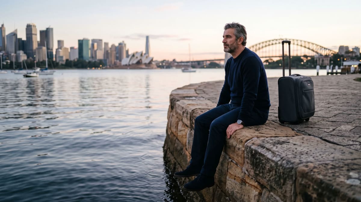 Traveler sitting on a waterfront seawall with a roller bag at first light