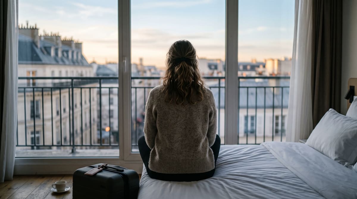 Guest seated at the foot of a Paris hotel bed facing a city window at first light