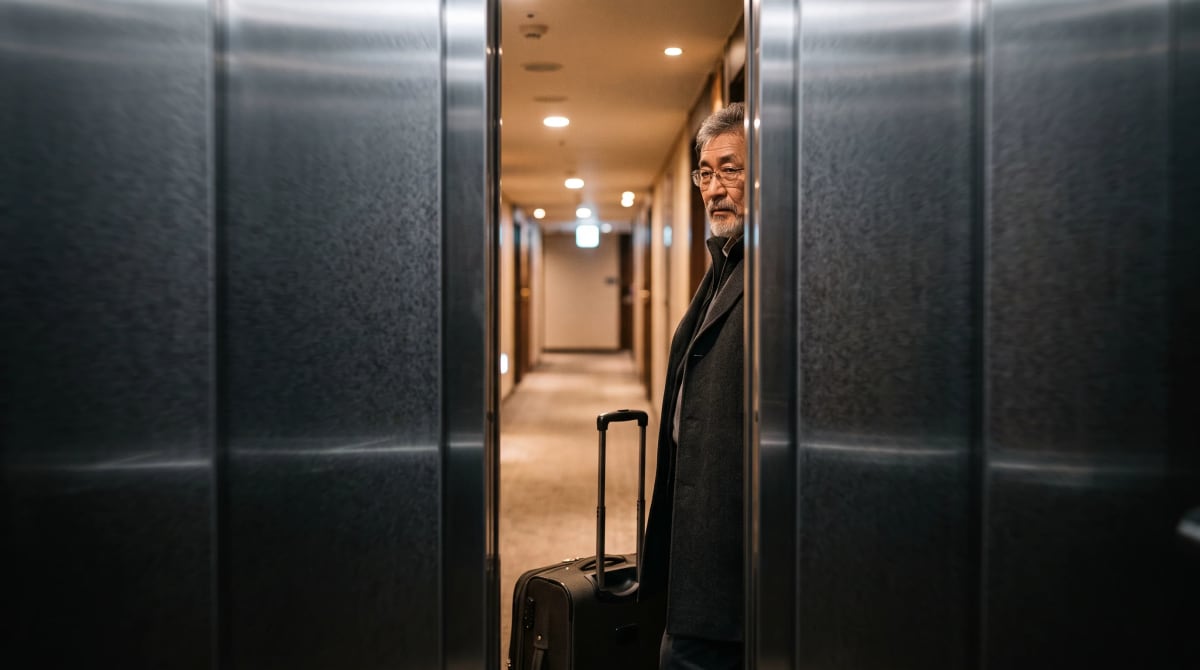 Traveler leaning beside a suitcase in a quiet Seoul hotel corridor at night