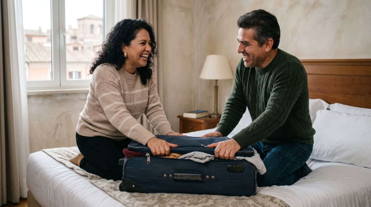 Couple sitting on a suitcase lid to close it on a Rome hotel bed