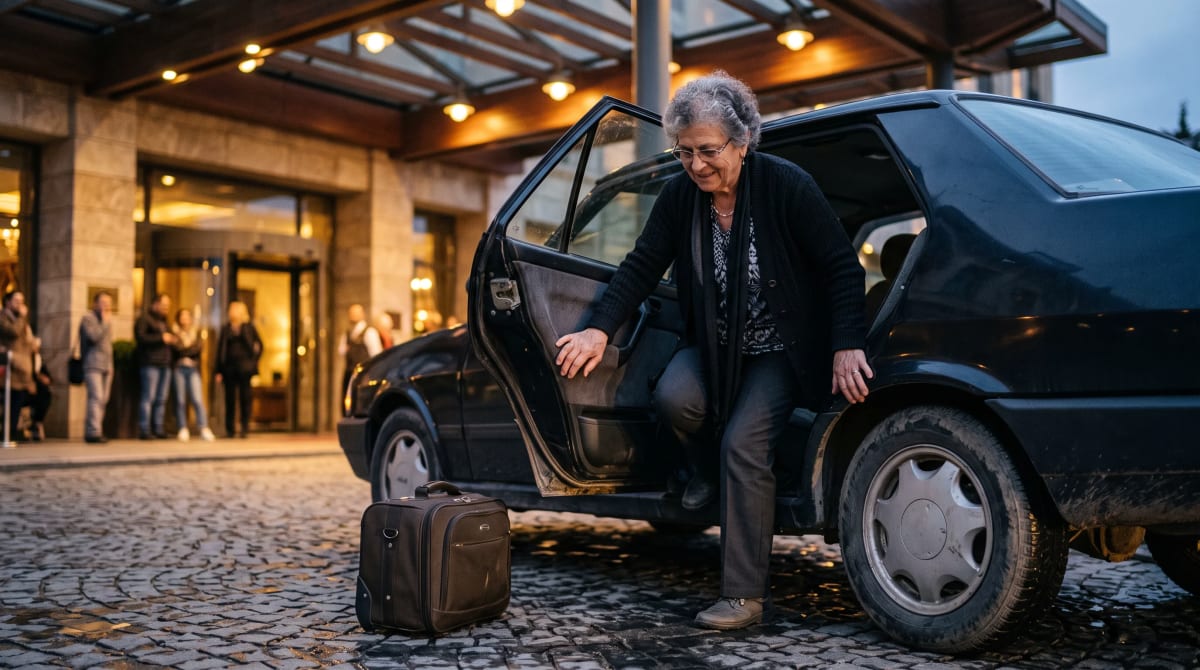 Guest stepping from a car under an Istanbul hotel entrance canopy at dusk