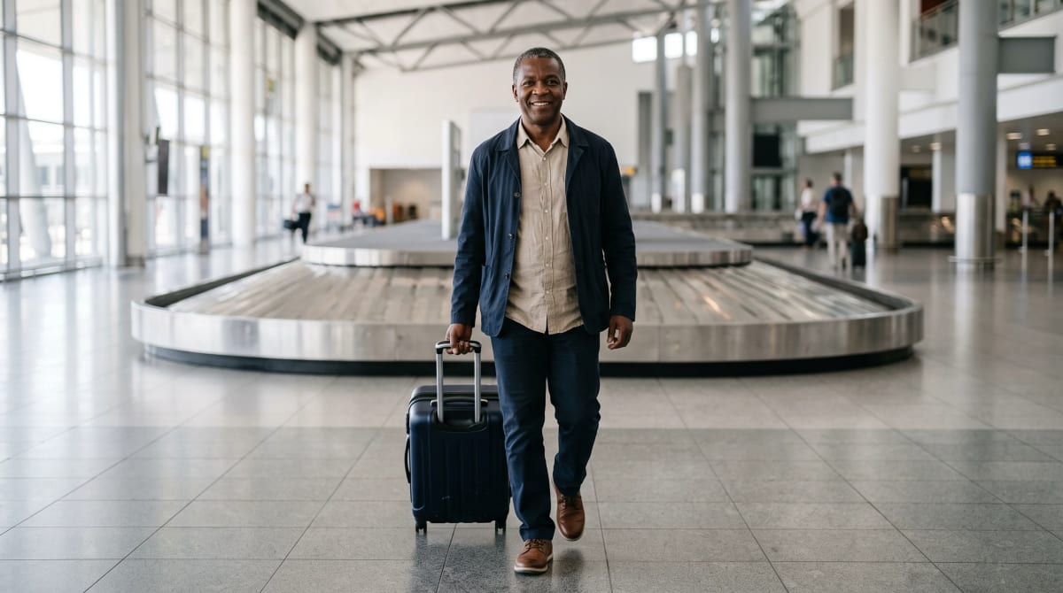 Traveler wheeling a suitcase away from an empty Cape Town baggage carousel