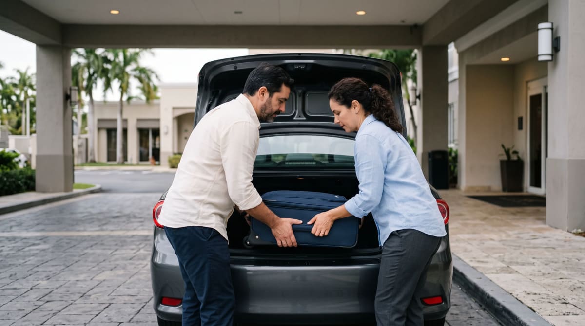 Couple lifting a suitcase into a car trunk under a hotel entrance canopy at dawn