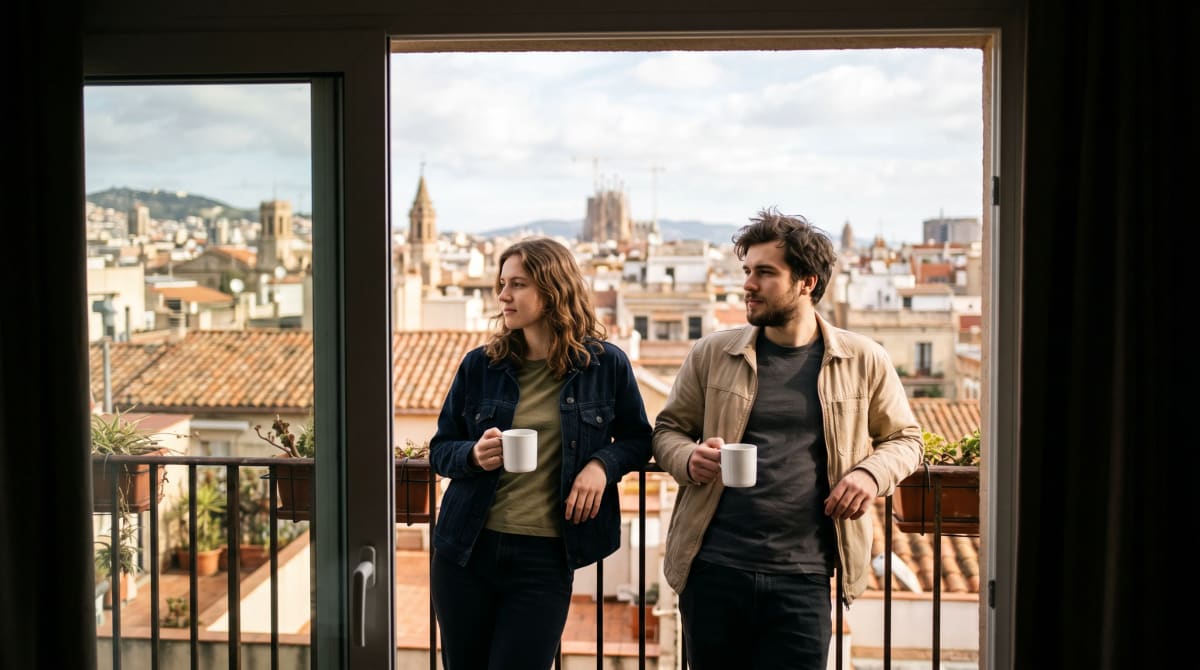 Two friends on a hotel balcony looking over a sunlit city with coffee cups